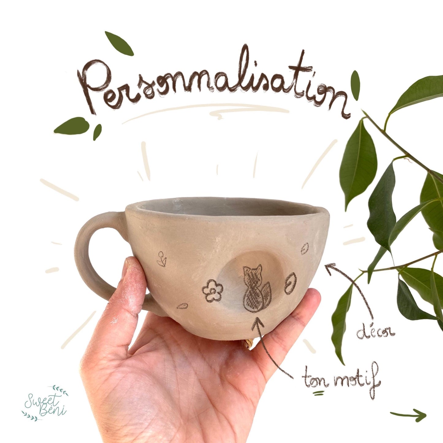 Pré-commande Tasse PERSONNALISÉE, sur-mesure, PERSONNALISATION. Fait main, artisanale.(animaux, motifs floraux, feuilles, céramique, tasse à café, thé)