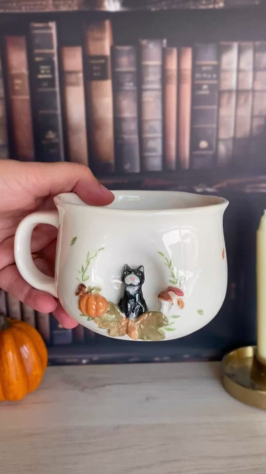 Pré-commande Tasse Chat à la citrouille, décor automnal, tasse à café, thé
